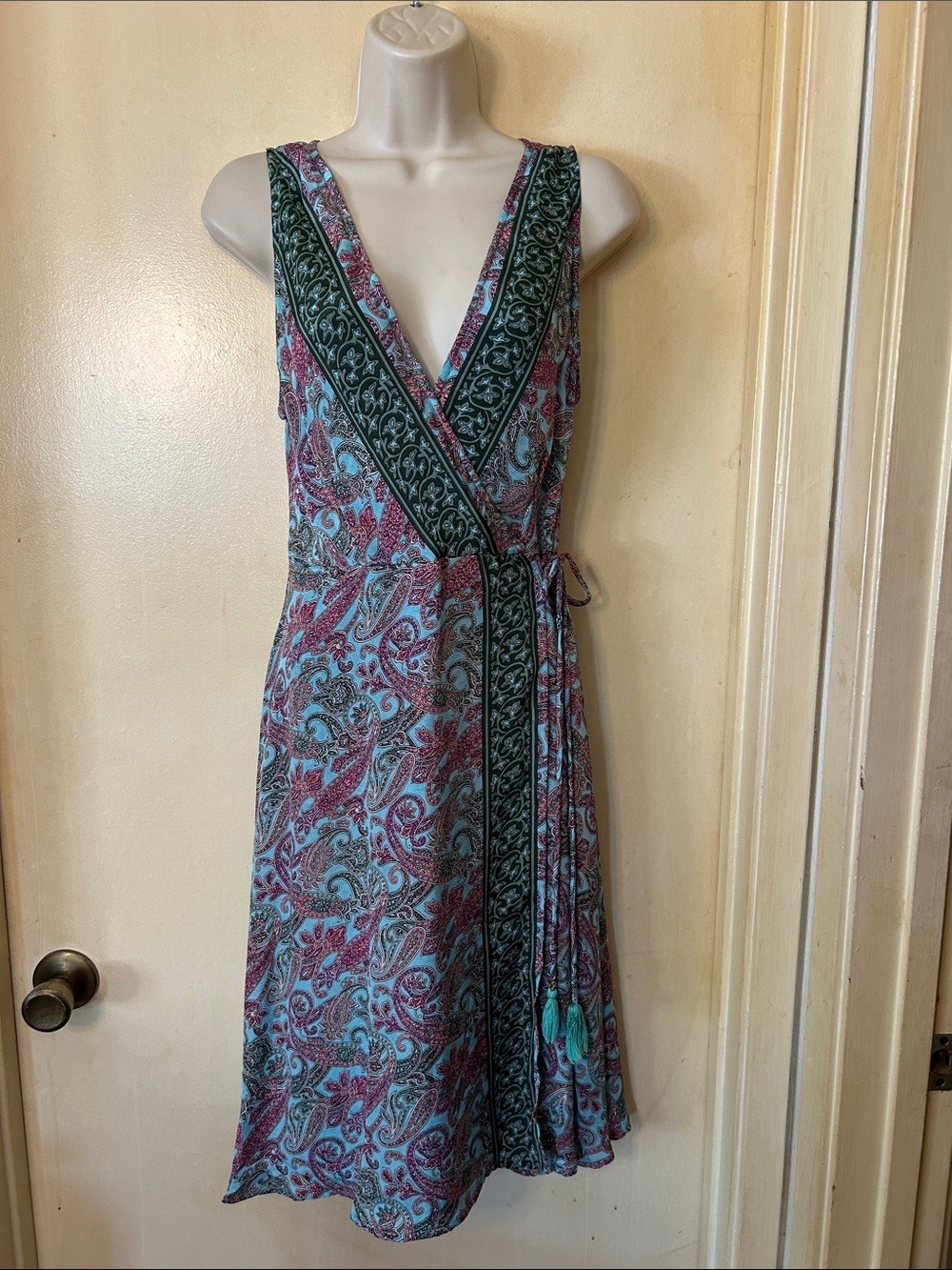 Karma Highway Paisley Faux Wrap Midi Dress in Teal and Burgundy One Size